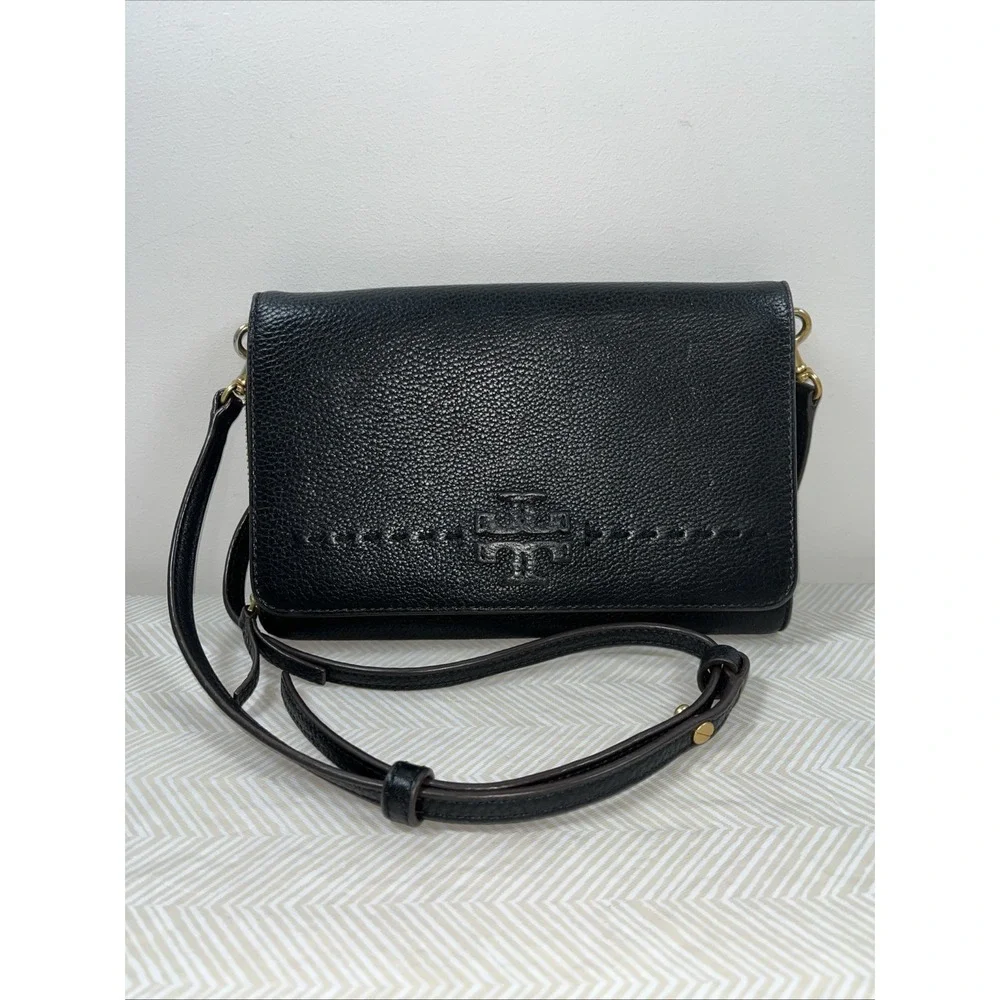 Tory Burch McGraw Flat Pebbled Leather Wallet‎ Crossbody Black Clutch Bag Gold